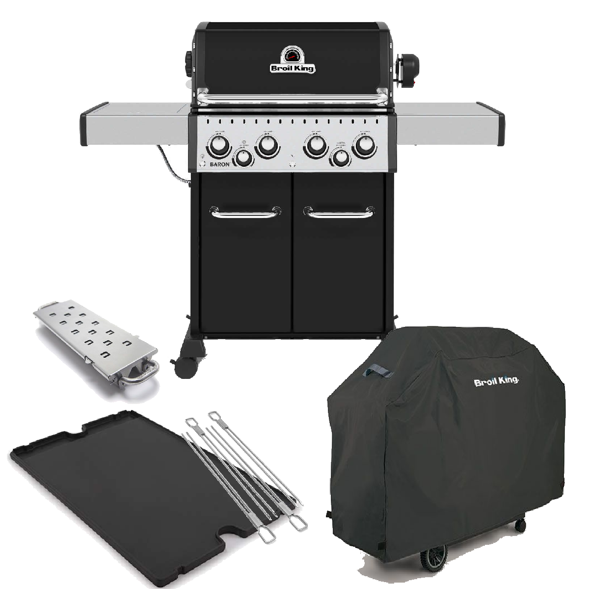 Baron™ 490 inkl. Drehspiess inkl. Broil King Abdeckhaube, Gussplatte, Smokerbox & Edelstahlspieße