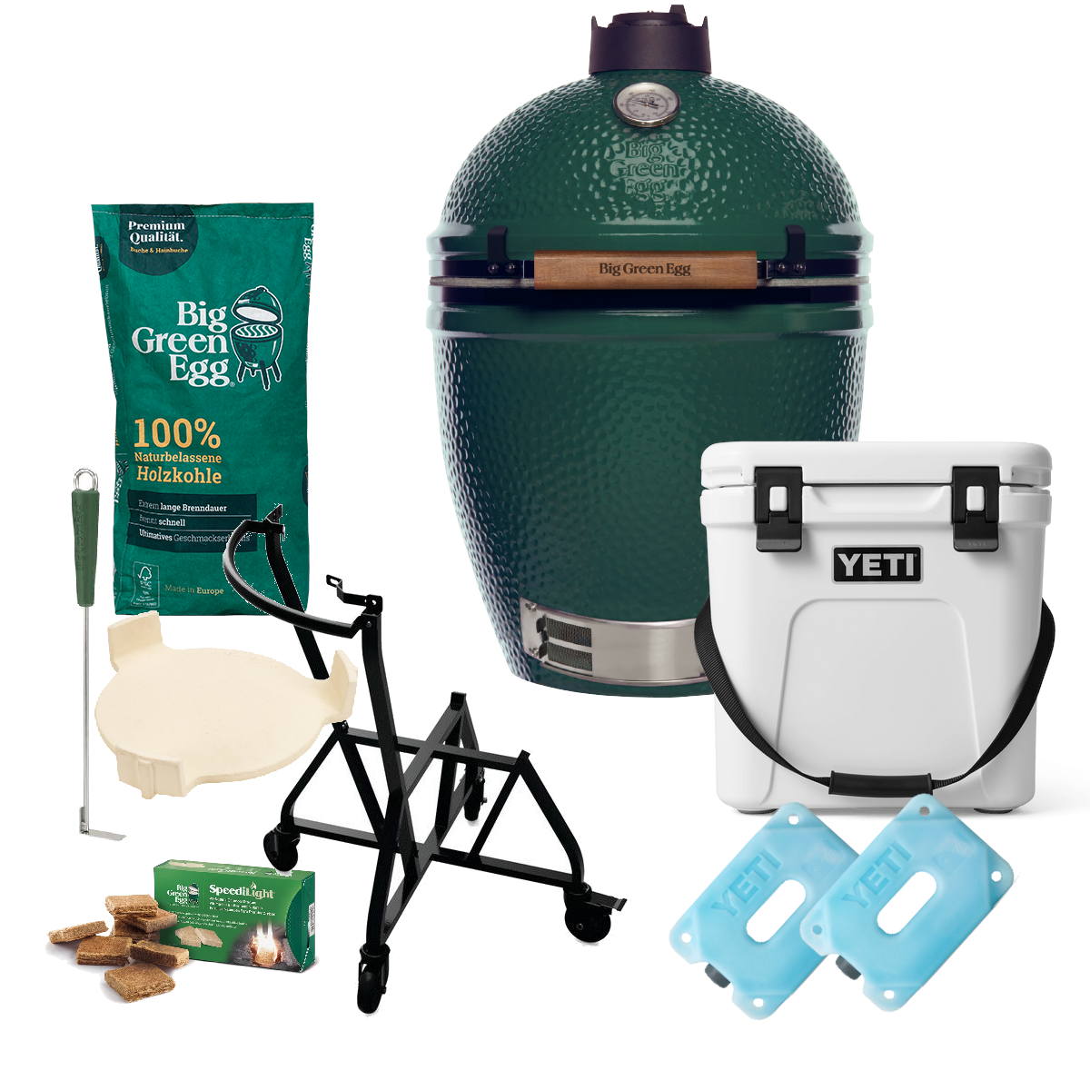 AKTION Big Green Egg Keramikgrill Large Starterset inkl. YETI Roadie 24 Kühlbox mit 2 Stk. Kühlakkus