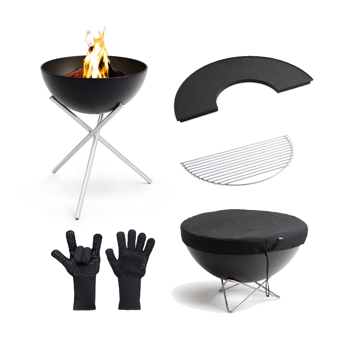 BOWL 57 Feuerschale mit Dreibein inkl. Grillrost, Plancha, Abdeckhaube und Feuerhandschuhe