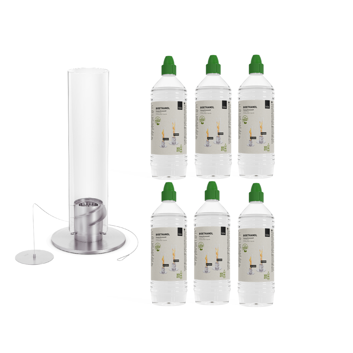 SPIN 1500 Standfeuer silber inkl. 6x Bioethanol Flüssig-Brennstoff 1l Flasche
