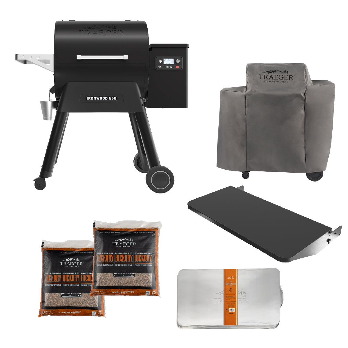 IRONWOOD 650 - SCHWARZ  inkl. Abdeckhaube, Frontablage, Alu Ablaufbleche und 2x Sack Pellets
