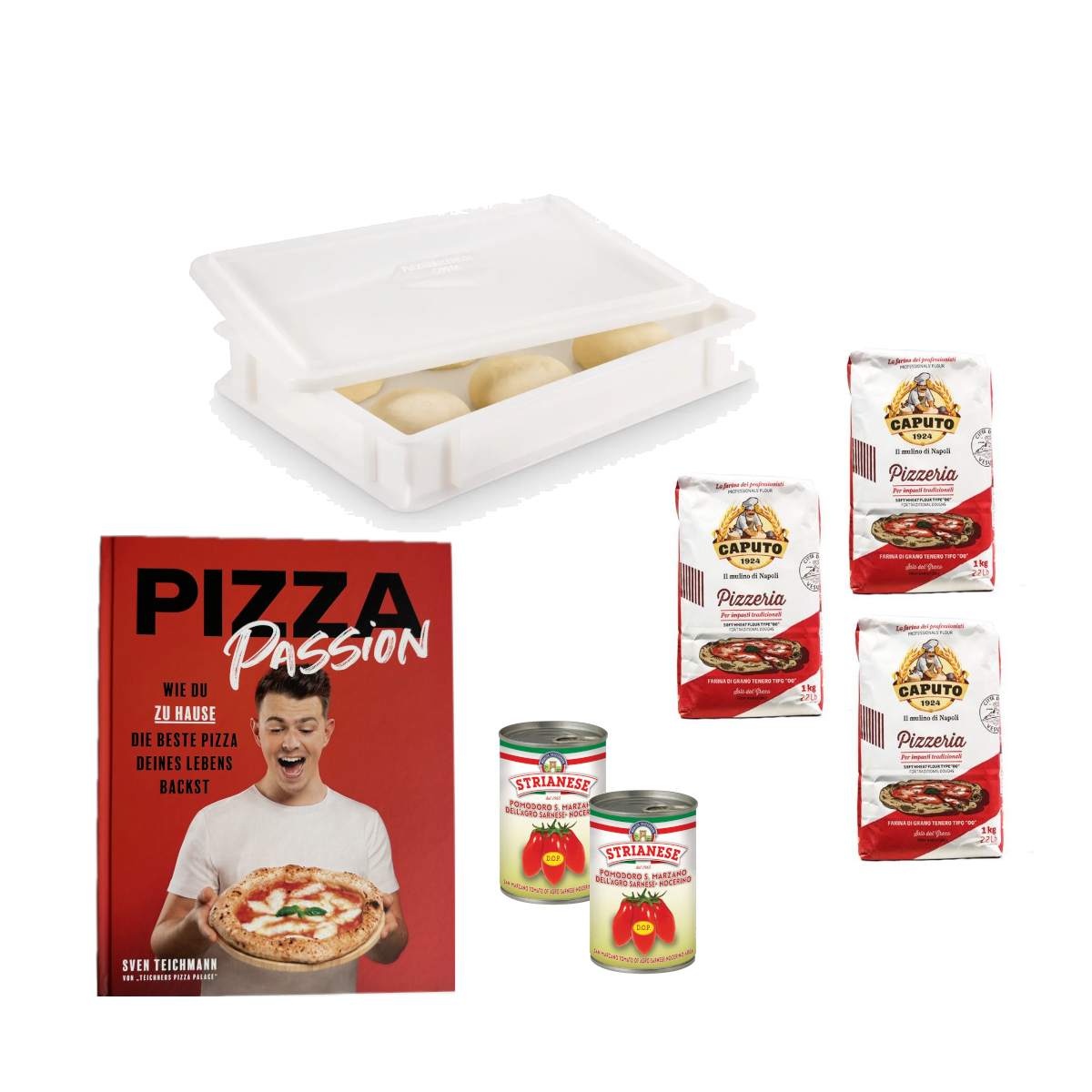 Pizza Starter Set Nr. 3 - Pizza-Kochbuch, 3kg Mehl, Pizzaballenbox m. Deckel,2x Tomaten