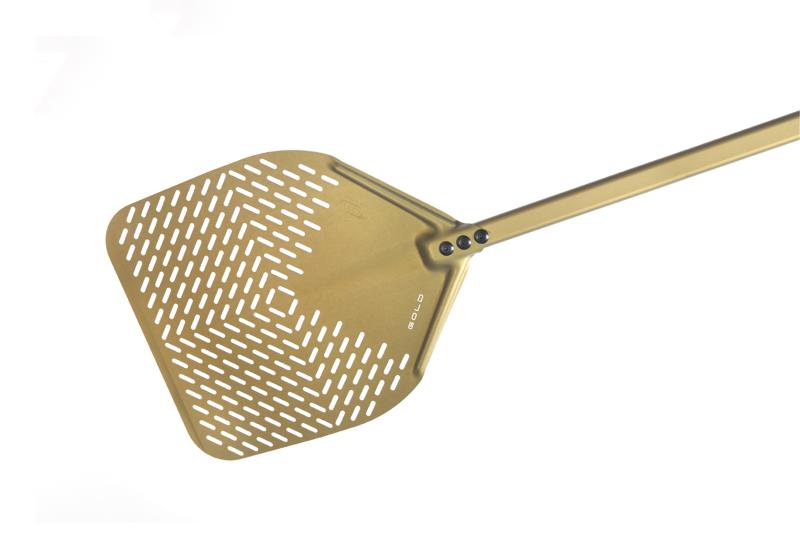 Rechteckiger, perforierter Pizzaschieber "Gold" Ø 33 cm, Stiel: 60cm