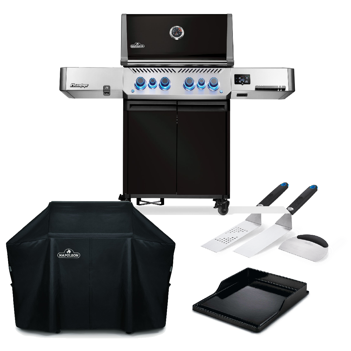 Napoleon Gasgrill Prestige 500, Connected, Schwarz Modell 2025 inkl. Abdeckhaube, Plancha und Plancha Tool Set