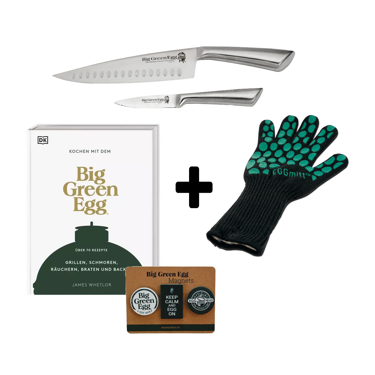 Big Green Egg Geschenkset/ Carbon Edelstahl Messer Set+Grillbuch+Grillhandschuh