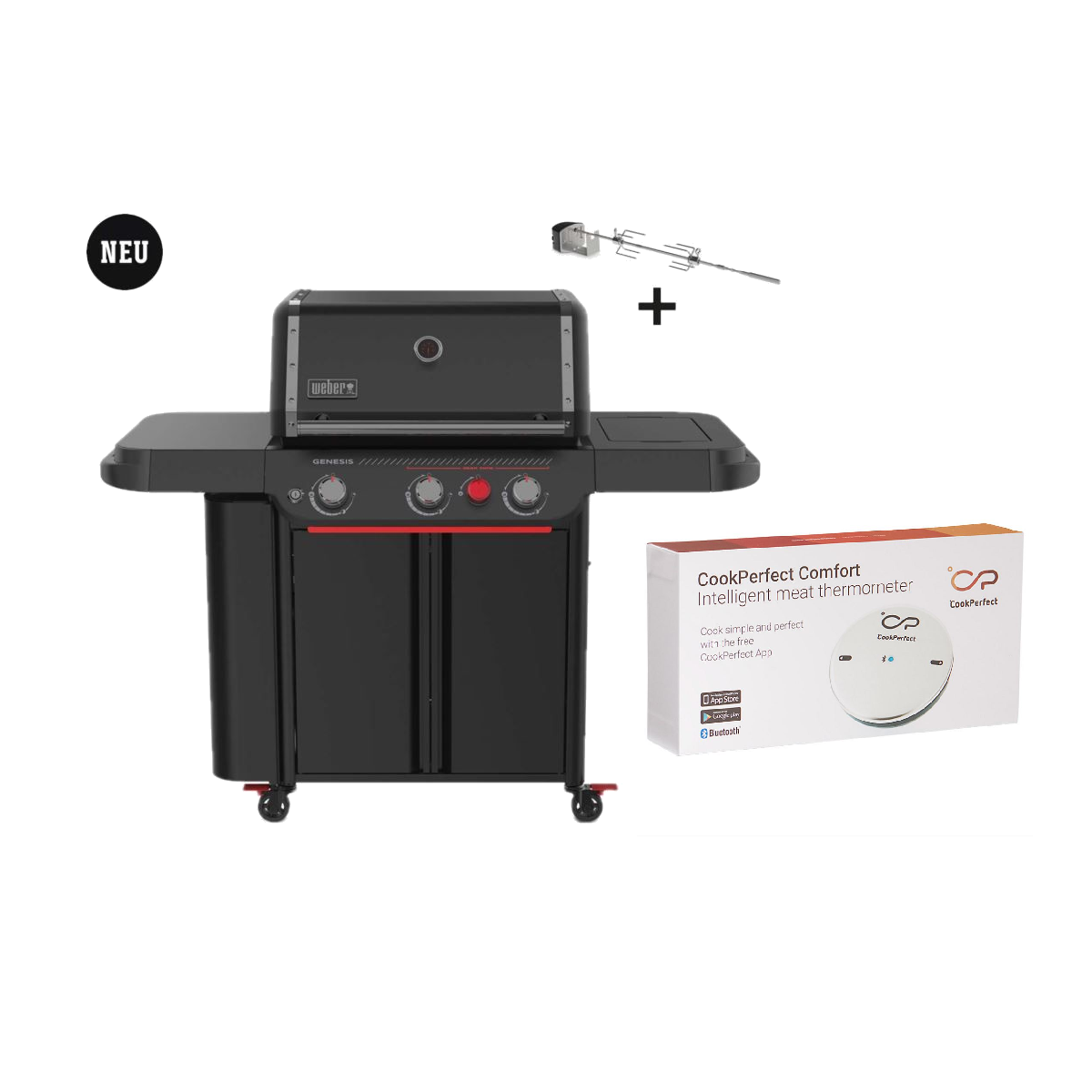 Weber Gasgrill Genesis E-330WR  inkl. Drehspiess Stealth inkl. Kabellosem Grillthermometer CookPerfect 